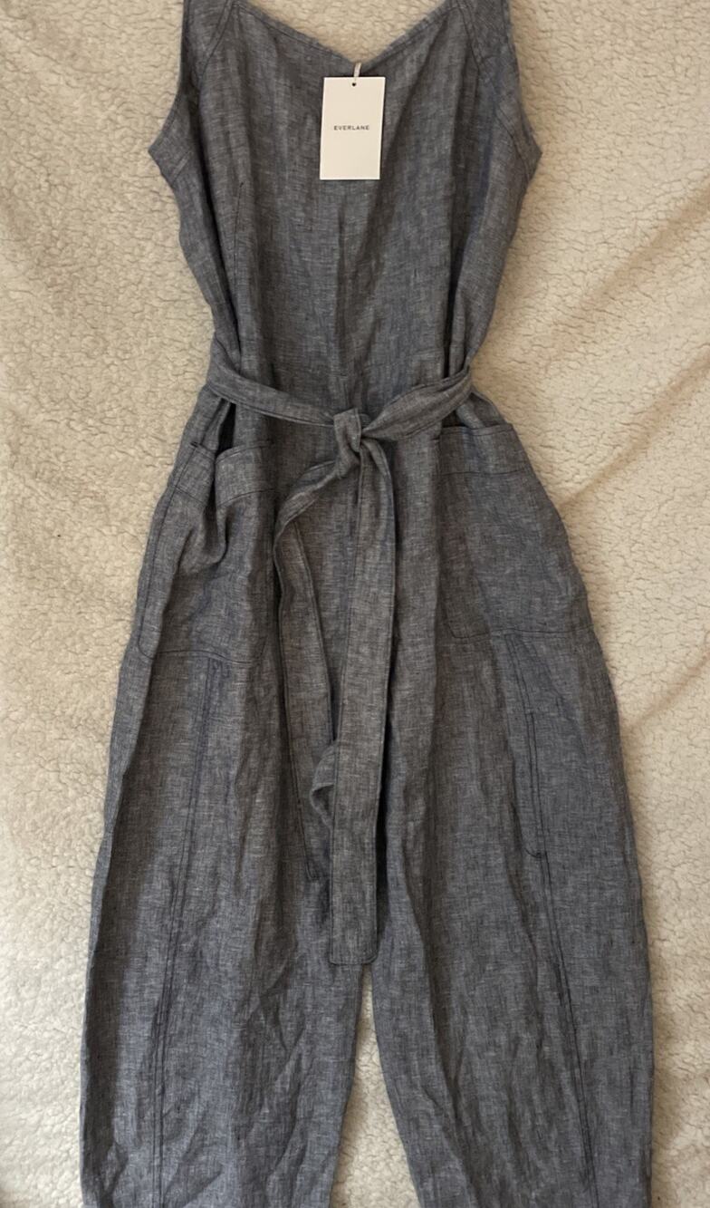 Everlane Linen Square Neck Utility Jumpsuit Navy Chambray 16 NWT